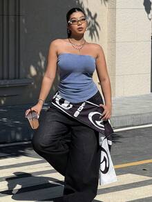 Solflare Áo ống in họa tiết không dây cỡ lớn dành cho nữ, Xuân/Hè - Màu xanh lam - Xem 7