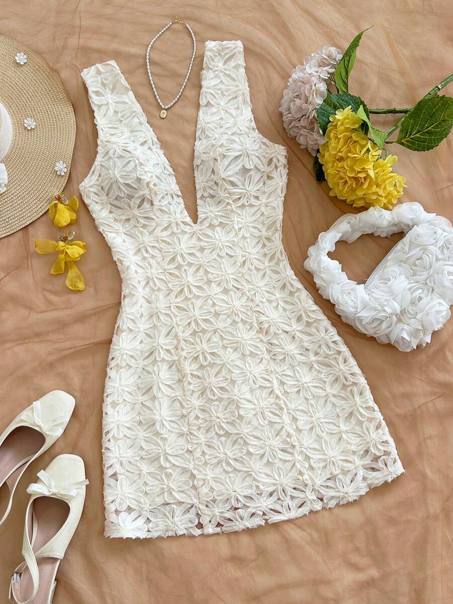 Soleia 性感深V领修身迷你连衣裙，纹理面料印花，适合约会、花园派对、下午茶、插花、波西米亚风、度假、复古、假日等场合，女士夏季蕾丝连衣裙 - 米色 - 查看 1
