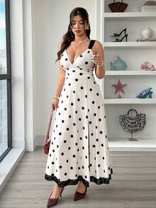 Elenzga Đầm chữ A phối ren chấm bi xẻ tà dành cho nữ cỡ lớn, trang phục thanh lịch cho kỳ nghỉ, hẹn hò và dự tiệc. - Nhiều màu - Xem 6