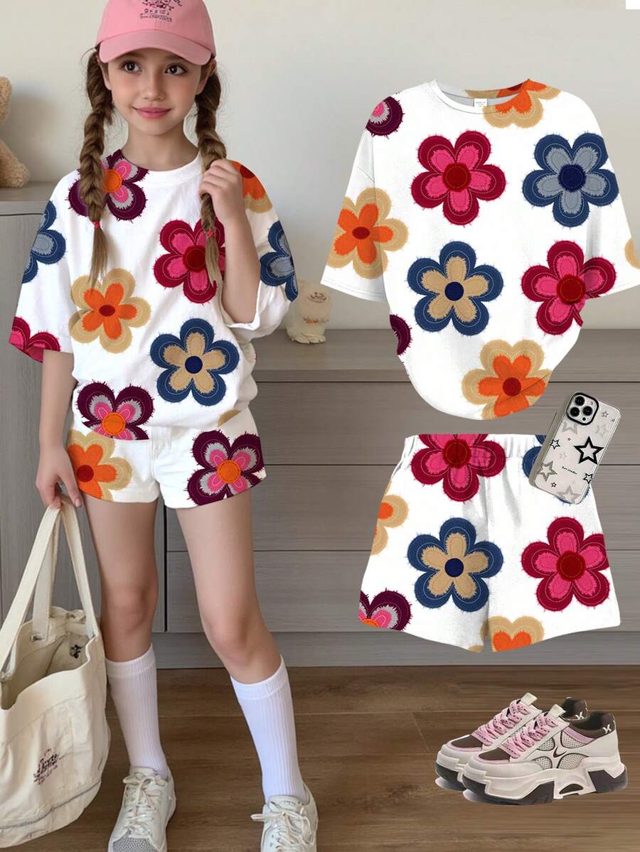 少女休闲甜美可爱碎花纹理套装,复古红色,碎花图案,度假风,短袖上衣和短裤两件套,适合夏季、返校、度假、日常穿着 - 彩色 - 查看 1