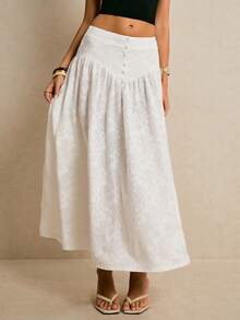 Poéselle 法式针织提花半身裙，白色蕾丝长裙，高腰飘逸波西米亚风半身裙，纽扣细节设计，优雅夏季 - 白色 - 查看 7