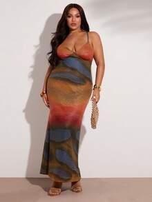 SHEIN BAE Plus Size Women Backless Knitted Multi-Color Pattern Dress,Autumn/Winter Solid Color, Tie-Dye, Printed Long Sleeve Maxi Dress, Elegant Sexy Backless Halter Neck Bodycon Dress, Suitable For Formal Occasions, Cocktail Parties, Clubs,Party Dresses For Women,Valentine's Day,Valentine Outfits For Women - Multicolor - View 1