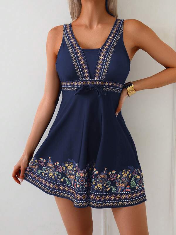 Swim Lushoire Printed Conservative Tankini Swimsuit For Women, Black Color, Suitable For Beach Holiday