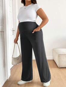 Plussiva 孕妇加大码休闲可调节腰围宽松下装 - 深灰色 - 查看 7
