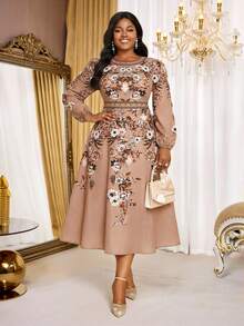 SHEIN Lady 大码复古印花灯笼袖休闲连衣裙 - 彩色 - 查看 5