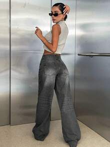 CasuGlow 100% Cotton LOW RISE WIDELEG CUT VINTAGE WASH Y2K STYLE JEAN - Black - View 2