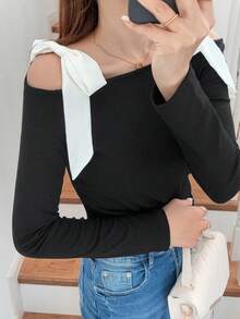 FRIFUL 女士撞色露肩蝴蝶结装饰罗纹修身T恤，春季甜美风 - 黑色 - 查看 6