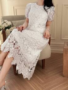 DAZY 女士优雅蕾丝圆领泡泡袖上衣和半裙两件套，春夏款 - 米色 - 查看 8