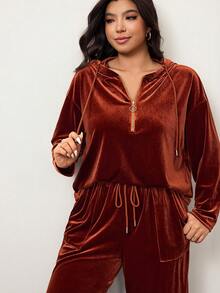 Enliva 2025 秋冬新品休闲运动&日常休闲&居家休闲纯棕色宽松落肩连帽套头T恤和阔腿口袋裤套装，天鹅绒面料，大码女装两件套 - 棕色 - 查看 5