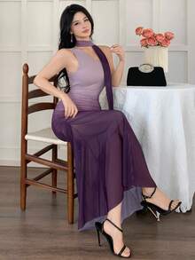 DAZY 女士优雅渐变不对称肩部系带褶皱鱼尾中长连衣裙，夏季婚礼宾客礼服 - 紫色 - 查看 6