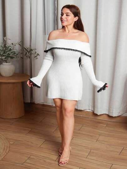 Lupita Cardoza Elegant & Sexy White Contrast Lace Patchwork Off Shoulder Flare Sleeve Waist Cinched A-Line Mini Sweater Dress, For Autumn & Winter, Fall And Winter, Elegant, Blackand, White, Longsleeve