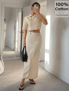 Siren Gaze 女士纯色休闲短袖拉链领口袋衬衫和裙子两件套夏季 - 杏色 - 查看 2