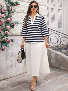 Miaspire Áo thun dáng rộng, cỡ lớn, kẻ sọc, cổ bẻ, vai rớt, thích hợp cho mùa thu hè/kỳ nghỉ, kiểu dáng preppy, áo kẻ sọc thanh lịch cho nữ, áo kẻ sọc kiểu thủy thủ, áo mặc đi chơi mùa hè, áo mùa hè. - Xanh và trắng - Xem 5