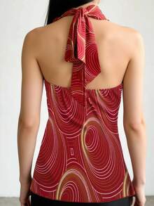 Glimmora Blusa casual versátil con estampado geométrico, con escote halter y espalda descubierta con lazos, adecuada para citas y fiestas - Multicolor - Ver 2