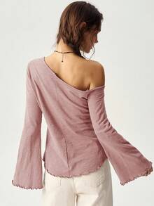 Bohemela Women Solid Color Long Sleeve Asymmetrical Neck T-Shirt, Vacation Style Long Sleeve Tops Women Tops One Shoulder Tops Bell Sleeve Tops Basic Tops - Pink - View 2