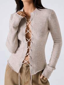 LYSMO New Minimalist Lace-Up Long Sleeve Sexy Sweater For Women, Spring Fall - Khaki - View 3