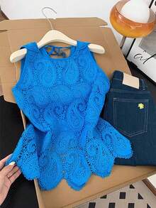 Resyla Women's Summer Casual Vacation Water-Soluble Lace Tie Back Blouse - Blue - View 5
