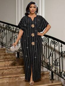 SHEIN Lady Đầm dự tiệc cocktail thanh lịch dành cho nữ với cổ áo hình trái tim, họa tiết hoa ánh kim, đính sequin và đường xẻ cao ở gấu đầm. - vàng đen - Xem 4