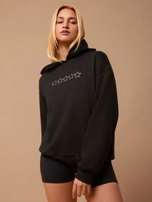 SURIMA Women's Casual Fashionable Street Sweatshirt, Star & Letter Print With Rhinestone Decor, Loose Fit Pullover For Daily Commute - Black - View 4
