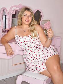 Slumberry CURVE Romantic Cute Heart Print Ruched Camisole Loose Knit Jumpsuit, Comfortable Plus Size Sleepwear - Red and White - View 4
