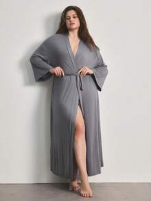 Ocili 舒适柔软简约长袖加大码睡袍 - 灰色 - 查看 6