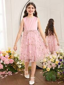 SHEIN Tween Girl Elegant Round Neck Sleeveless Solid Color Patchwork 3D Floral Mesh Fabric Dress Tween Girl - Baby Pink - View 3