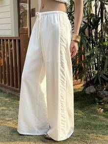 DAZY Pantalones de pierna ancha con cintura elástica y encaje de contraste, ropa casual de vacaciones para mujeres, primavera/verano - Blanco - Ver 1