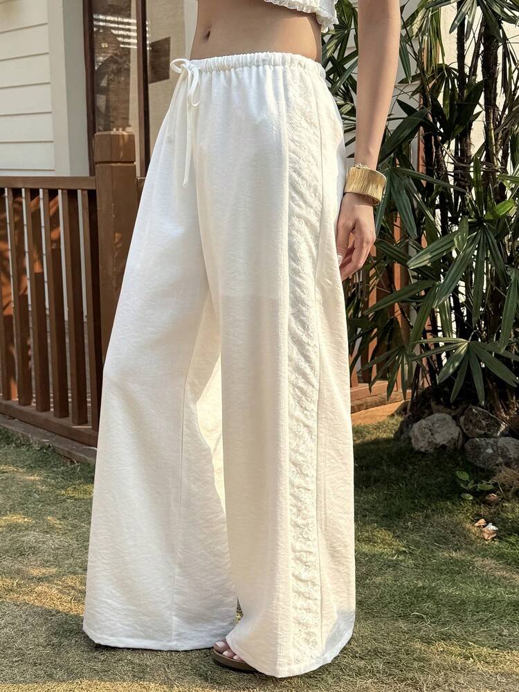 Contrast Lace Elastic Waist Wide Leg Pants, Casual Vacation Wear For Women, Spring/Summer