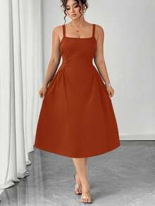 SHEIN Clasi Đầm trơn màu trơn, cổ thấp, không tay, thắt eo, dáng thanh lịch, cỡ lớn dành cho phụ nữ - trái cam - Xem 3