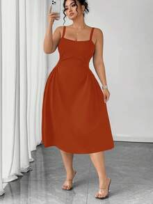 SHEIN Clasi Đầm trơn màu trơn, cổ thấp, không tay, thắt eo, dáng thanh lịch, cỡ lớn dành cho phụ nữ - trái cam - Xem 4