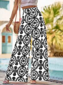 Breezaya Women's Fashionable Casual Printed Wide Leg Pants - Black - View 3