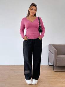 Solflare 大码休闲玫红色雪洗T恤，秋季女士长袖上衣罗纹上衣粉色长袖上衣 - 玫紅色 - 查看 3