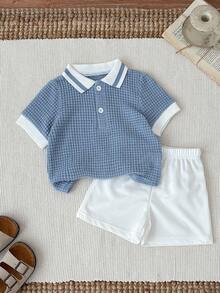 SHEIN Bộ đồ 2 món cho bé trai/bé gái: Áo polo tay ngắn cổ bẻ phối màu tương phản và quần short màu trơn cạp chun. - Nhiều màu - Xem 7