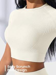 SHEIN Core Rhythm 2件套高弹无缝女士纯色插肩短袖露脐T恤和紧身裤运动套装，女士塑形运动服，女士紧身裤和上衣套装，女士紧身裤套装，2件套速干运动套装，女士健身服套装，2件套健身套装，紧身裤套装，2件套健身套装，瑜伽运动服套装，女士运动套装，夏季女士套装 - 米色 - 查看 7