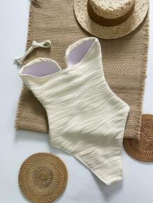 Swim Chiccia HEIN Swim Chicsea-D 女士提花面料无肩带珍珠装饰连体泳衣，春夏款 - 米色 - 查看 6
