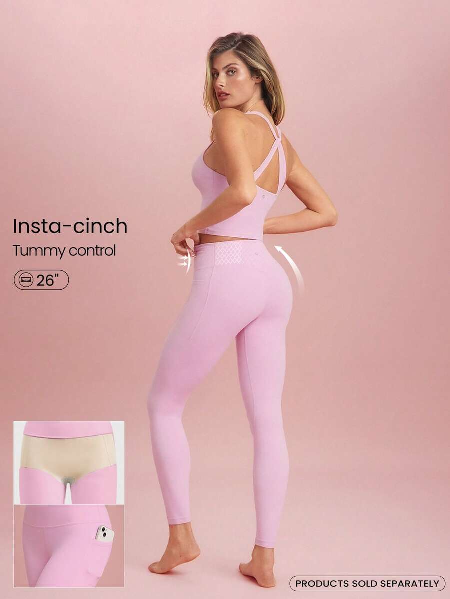 GLOWMODE 26" FeatherFit™ Insta-Cinch 2.0 Tummy Control Leggings With Side Pockets Anti-See-Through Shorts Low Impact Yoga Daily Fall Winter - Tropical Pink - View 1