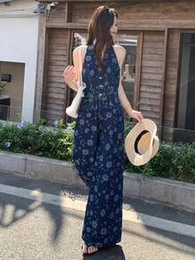 DAZY Women's All-Over Print Tie-Up Waist Loose Wide Leg Denim Jumpsuit - Blue - View 7