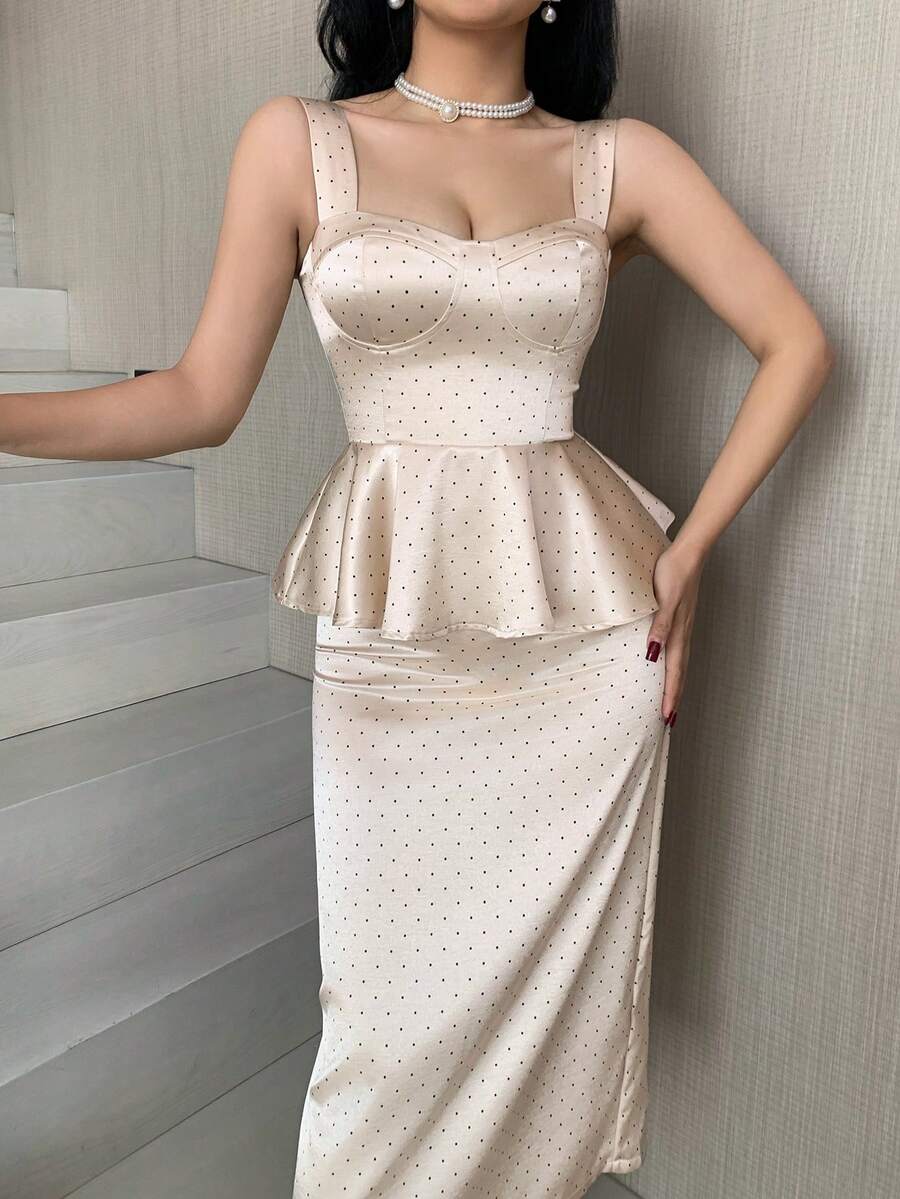 DAZY Women's Elegant Polka Dot Square Collar Sleeveless Ruffle Hem Tank Top And Straight Skirt 2-Piece Set, Summer - Apricot - View 1