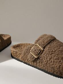 Solecia Women Buckle Design Casual Faux Fur Slip-On Slippers For Christmas - Mocha Brown - View 5