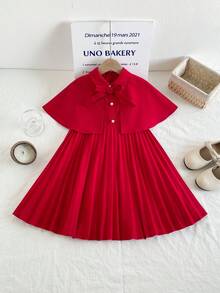 SHEIN Vestido elegante de niña con capa de vuelo con detalle de lazo y bajo plisado de unicolor - Rosa Fucsia - Ver 8