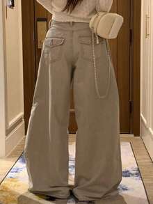 DAZY Vintage Washed Loose High Waist Slimming Wide Leg Straight Dragging Jeans - Khaki - View 5