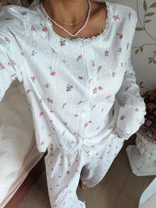 SHEIN Lace Trim Round Neck Cardigan Long Sleeve & Pants Butterfly Print Pajama Set - White - View 6