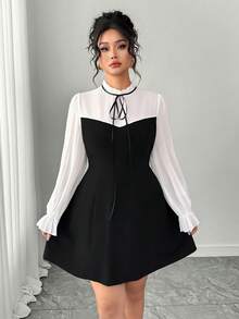 SHEIN PETITE CURVE 女士甜美优雅荷叶边领长袖连衣裙 - 黑色 - 查看 5