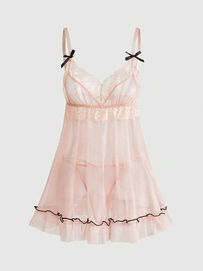 ROMWE Kawaii Cute & Sexy Butterfly Lace Floral Camisole & G-String Lingerie Set For Women