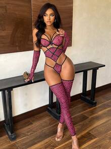 Bare Chapter 5pcs Sexy Leopard Print Criss-Cross Jumpsuit Lingerie Set For Women - Multicolor - View 3
