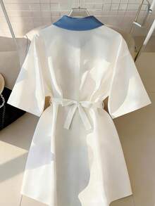 Franclia Blue And White,Summer,Elegant And Classy,School,Back-To-School Denim Collar Short Sleeve Shirt With Metal Gold Chain Belt,Loose Minimalist Style - Blue and White - View 2