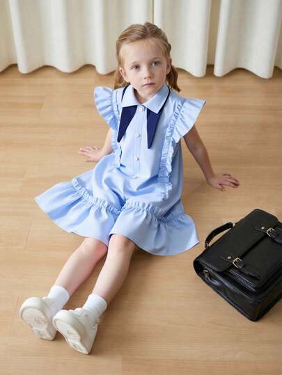 Girls Blue Asymmetrical Collar Floral Patchwork Frill Trim Button Front Dress, Comfortable Casual Loose Fit, Suitable For Spring And Summer