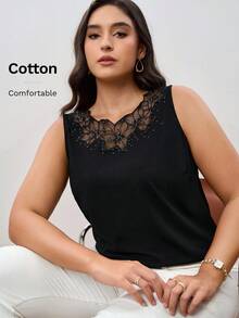 Reflora 大码女式水钻花朵装饰网眼拼布吊带背心 女式休闲上衣，女式优雅上衣，上衣 女式上衣，抹胸，女式背心，海滩，商务休闲女装，女式抹胸，优雅 - 黑色 - 查看 2