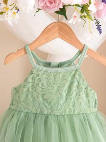 SHEIN Elegant & Cute Green Lace Mesh Spaghetti Strap Dress/Romper - Green - View 3