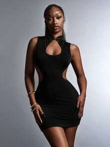 Amplova 2026新款复古中国风旗袍领性感露背镂空腰部设计修身迷你连衣裙 - 黑色 - 查看 3